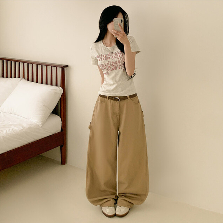 レタリングスリムクロップ半袖Tシャツ MELANGE GRAY