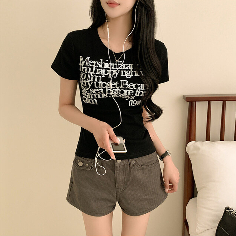 レタリングスリムクロップ半袖Tシャツ BLACK