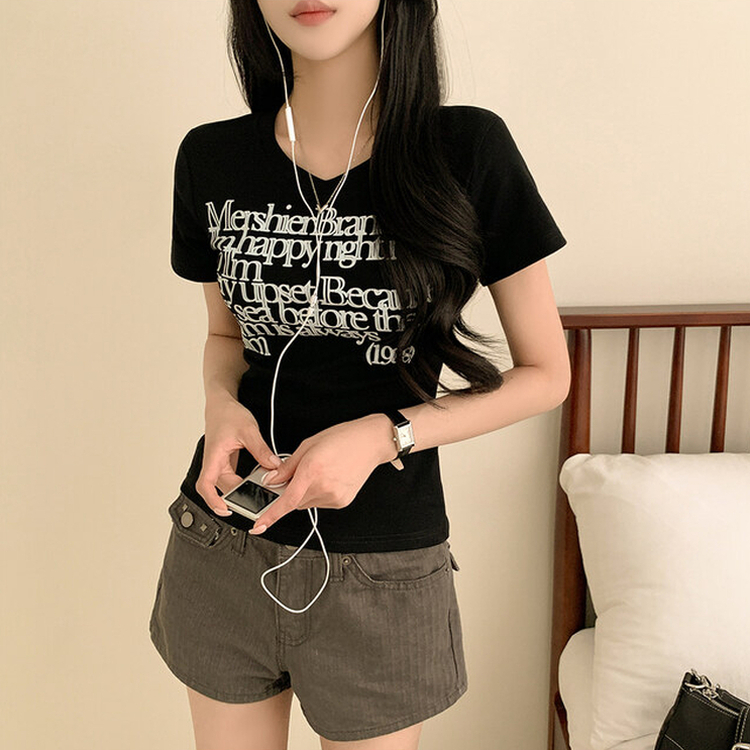 レタリングスリムクロップ半袖Tシャツ BLACK