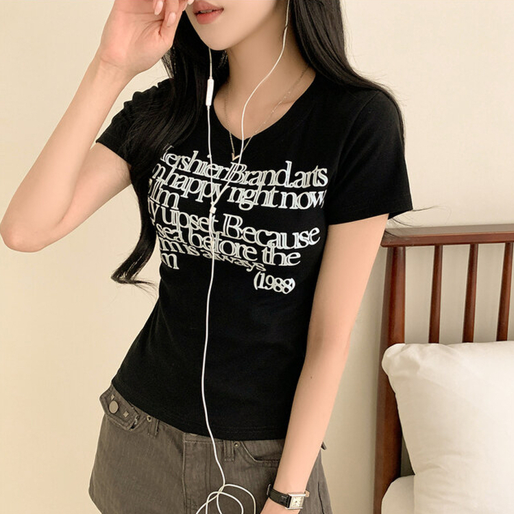 レタリングスリムクロップ半袖Tシャツ BLACK