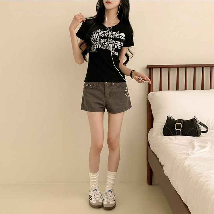 レタリングスリムクロップ半袖Tシャツ BLACK