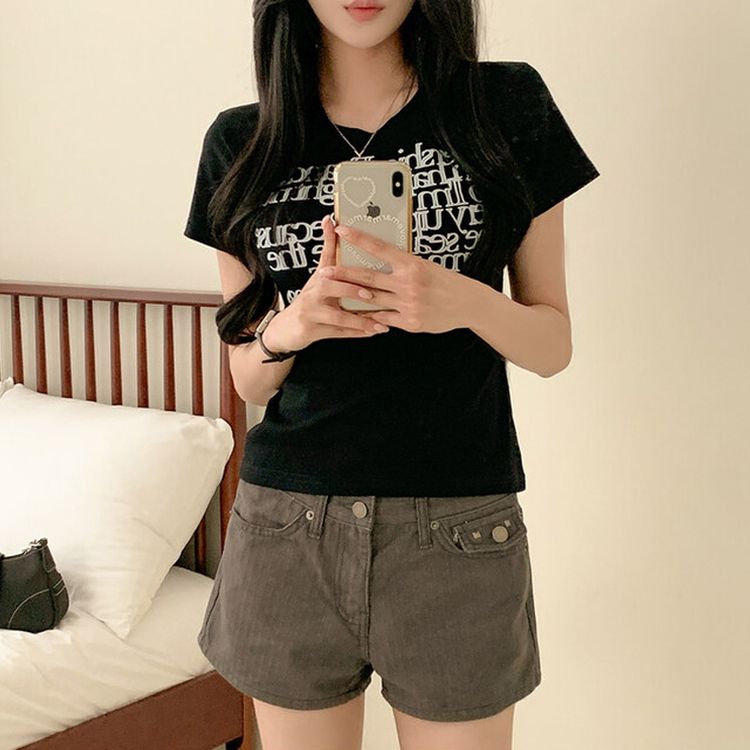 レタリングスリムクロップ半袖Tシャツ BLACK