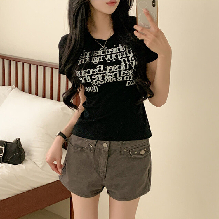 レタリングスリムクロップ半袖Tシャツ BLACK