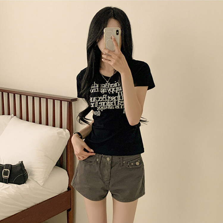 レタリングスリムクロップ半袖Tシャツ BLACK