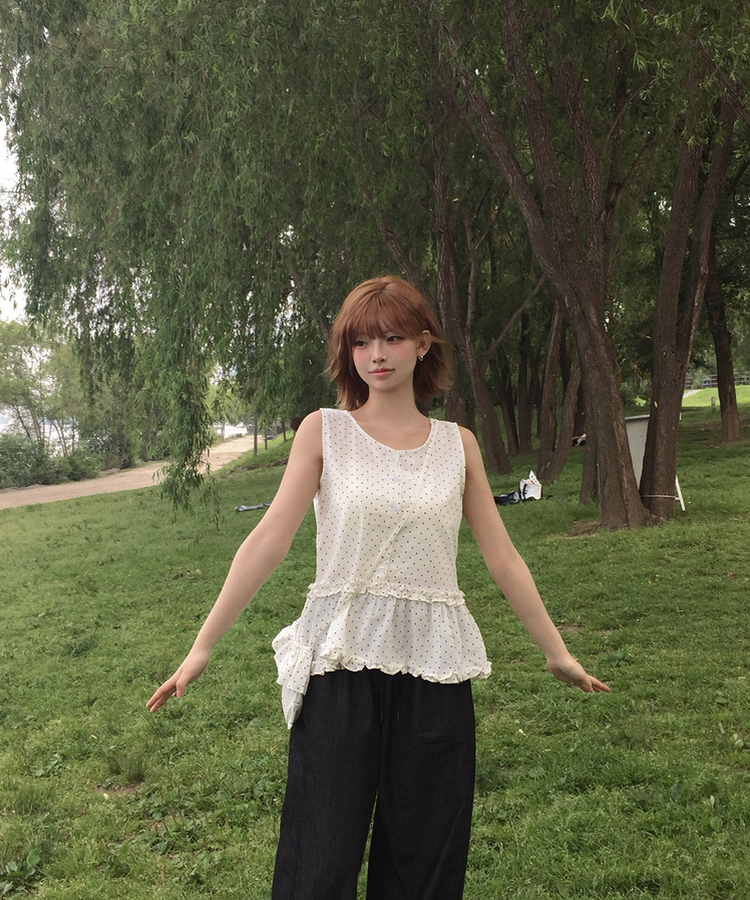 【バッグ付き】ドットフリルスリーブレスブラウス WHITE