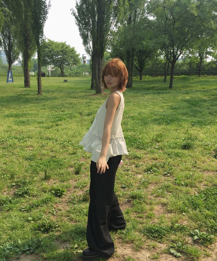 【バッグ付き】ドットフリルスリーブレスブラウス WHITE