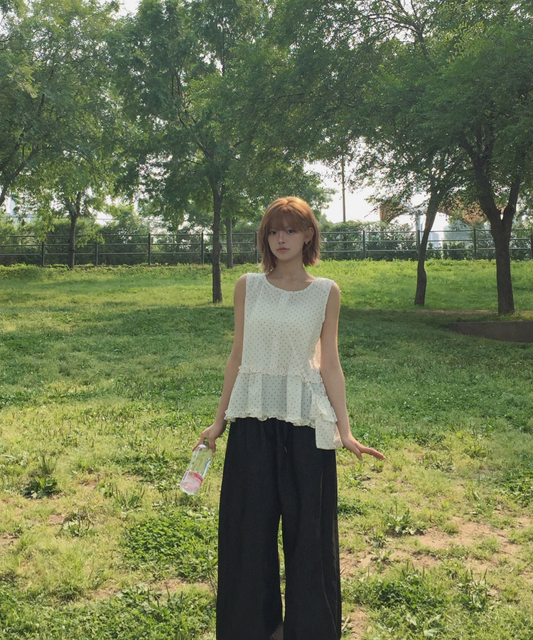 【バッグ付き】ドットフリルスリーブレスブラウス WHITE