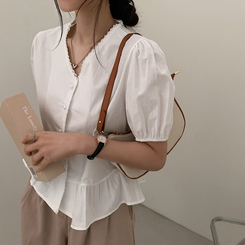 ブラウス ボタンシャーリング半袖ブラウス WHITE