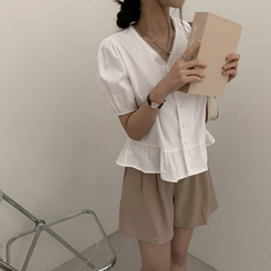 ブラウス ボタンシャーリング半袖ブラウス WHITE