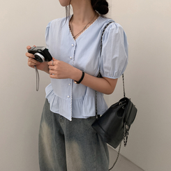 ブラウス ボタンシャーリング半袖ブラウス SKY BLUE