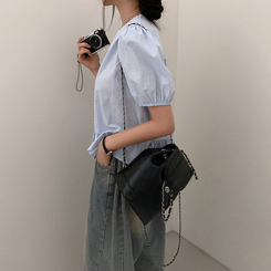 ブラウス ボタンシャーリング半袖ブラウス SKY BLUE