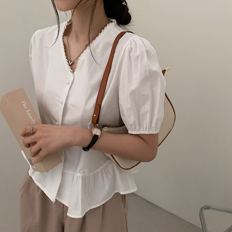 ボタンシャーリング半袖ブラウス WHITE