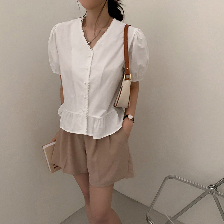 ボタンシャーリング半袖ブラウス WHITE