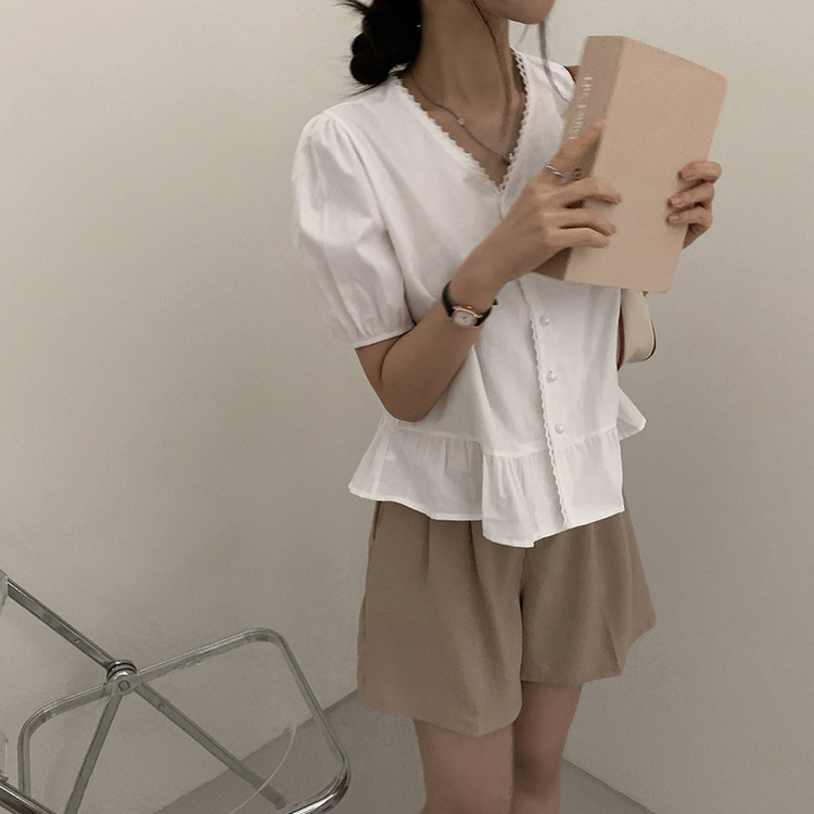 ボタンシャーリング半袖ブラウス WHITE