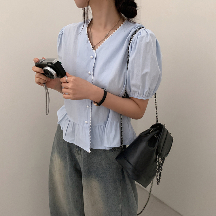 ボタンシャーリング半袖ブラウス SKY BLUE