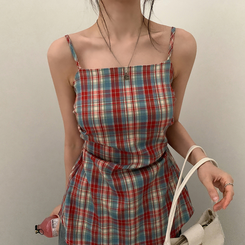ノースリーブ チェックバイカラーキャミソール RED