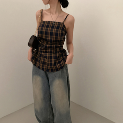 ノースリーブ チェックバイカラーキャミソール NAVY