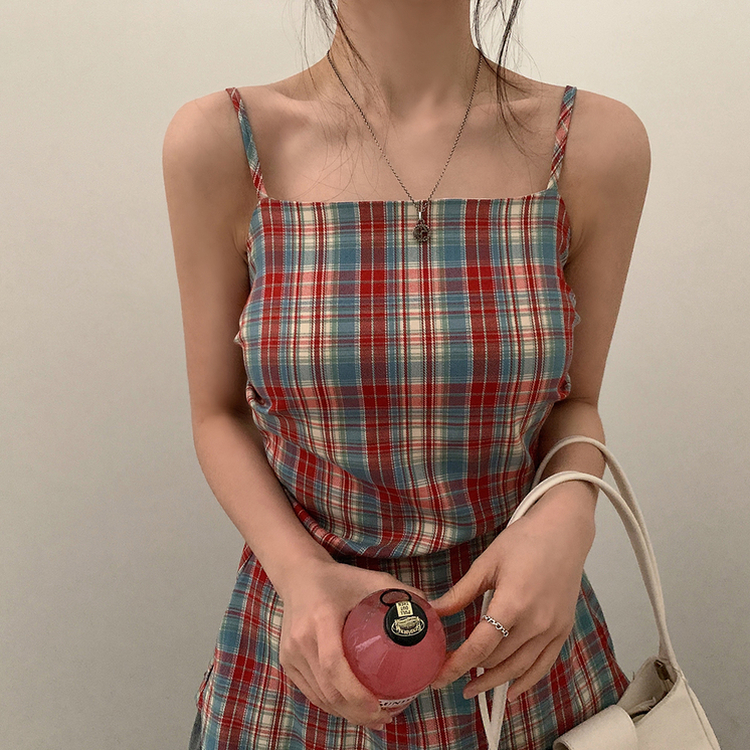 ノースリーブ チェックバイカラーキャミソール RED