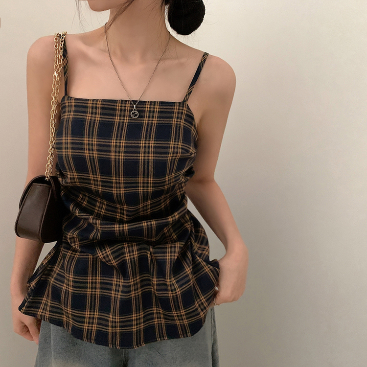 ノースリーブ チェックバイカラーキャミソール NAVY