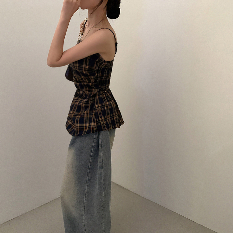 ノースリーブ チェックバイカラーキャミソール NAVY