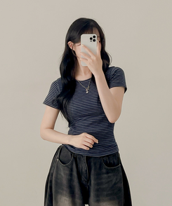 半袖Tシャツ ストライプ半袖Tシャツ NAVY