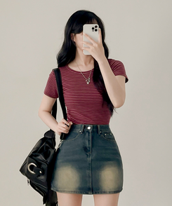 半袖Tシャツ ストライプ半袖Tシャツ WINE