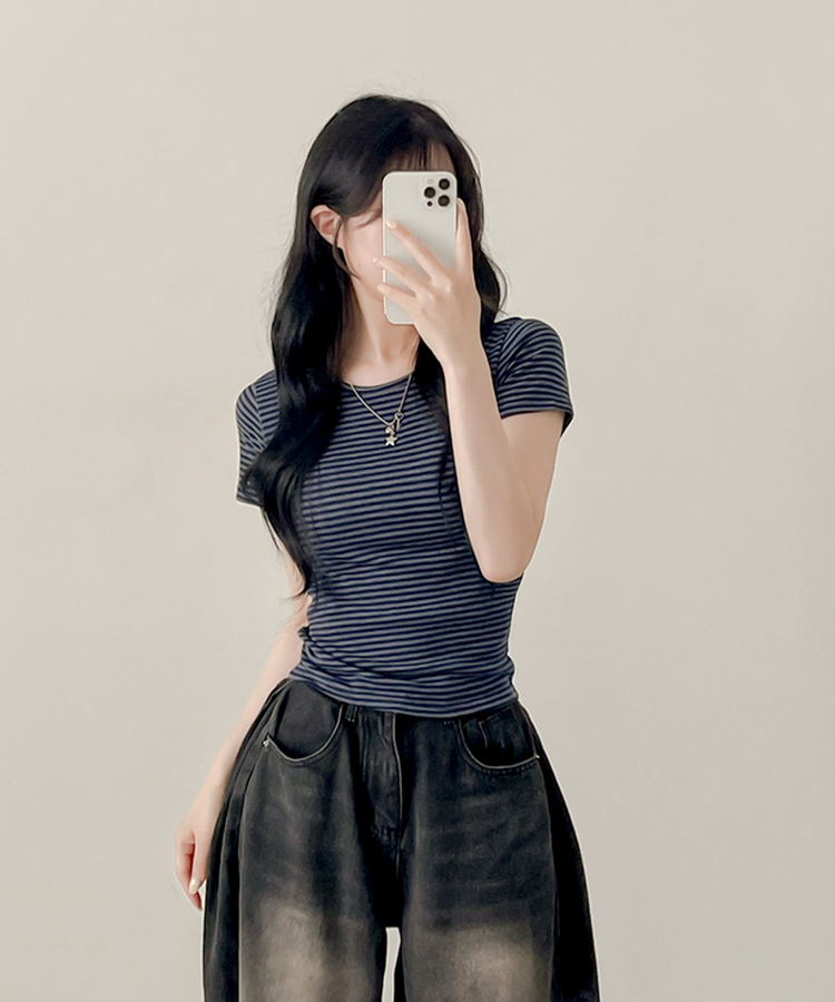 ストライプ半袖Tシャツ NAVY