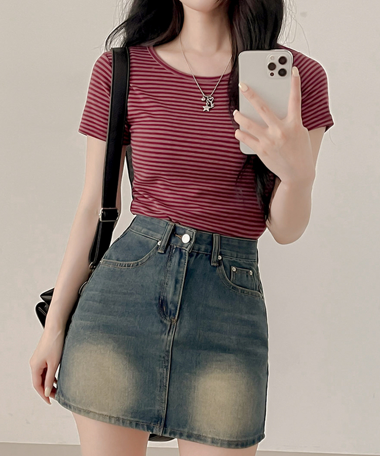 ストライプ半袖Tシャツ WINE