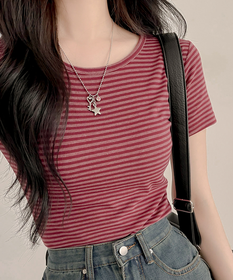 ストライプ半袖Tシャツ WINE