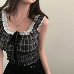 ブラウス チェックオフショルダーブラウス BLACK