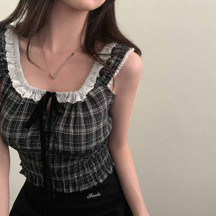 チェックオフショルダーブラウス BLACK