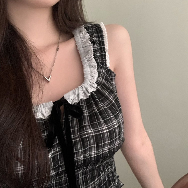チェックオフショルダーブラウス BLACK
