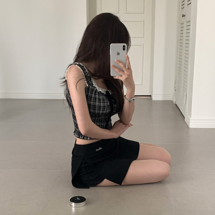 チェックオフショルダーブラウス BLACK