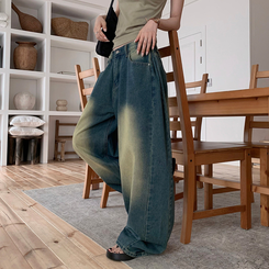 ワイド ラウンドデニムワイドパンツ MID DENIM
