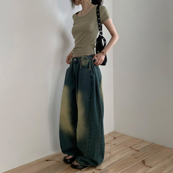 ワイド ラウンドデニムワイドパンツ MID DENIM