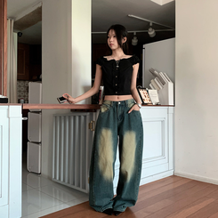 ワイド ラウンドデニムワイドパンツ MID DENIM