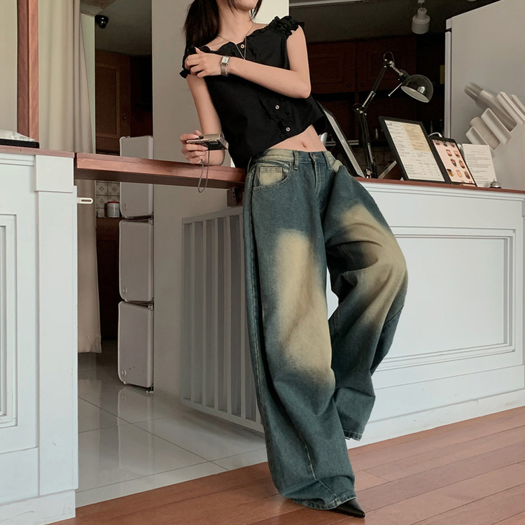 ラウンドデニムワイドパンツ MID DENIM