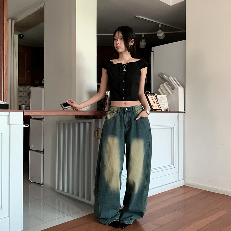ラウンドデニムワイドパンツ MID DENIM
