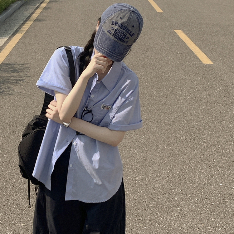 힙무드 포켓 패치 박시핏 코튼 여름 롤업 반팔셔츠 남방 소라