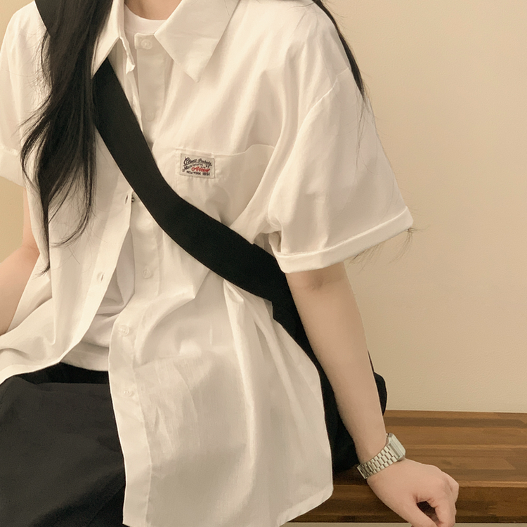 힙무드 포켓 패치 박시핏 코튼 여름 롤업 반팔셔츠 남방 아이보리