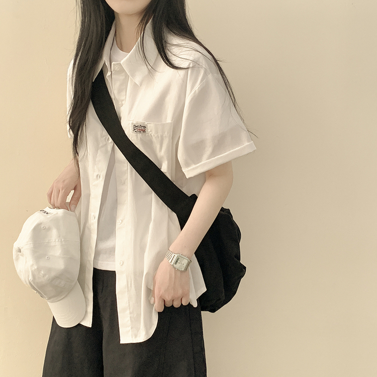 힙무드 포켓 패치 박시핏 코튼 여름 롤업 반팔셔츠 남방 아이보리