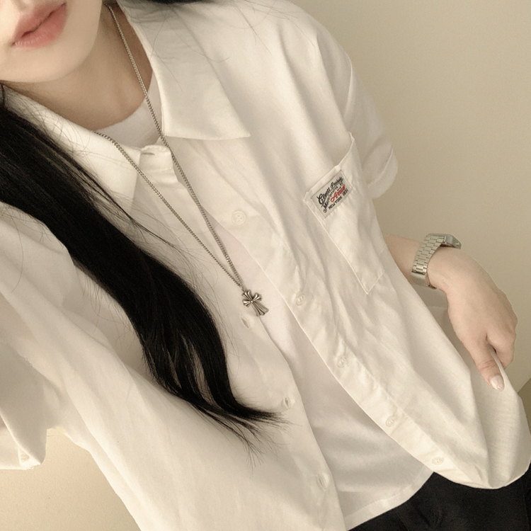 힙무드 포켓 패치 박시핏 코튼 여름 롤업 반팔셔츠 남방 아이보리