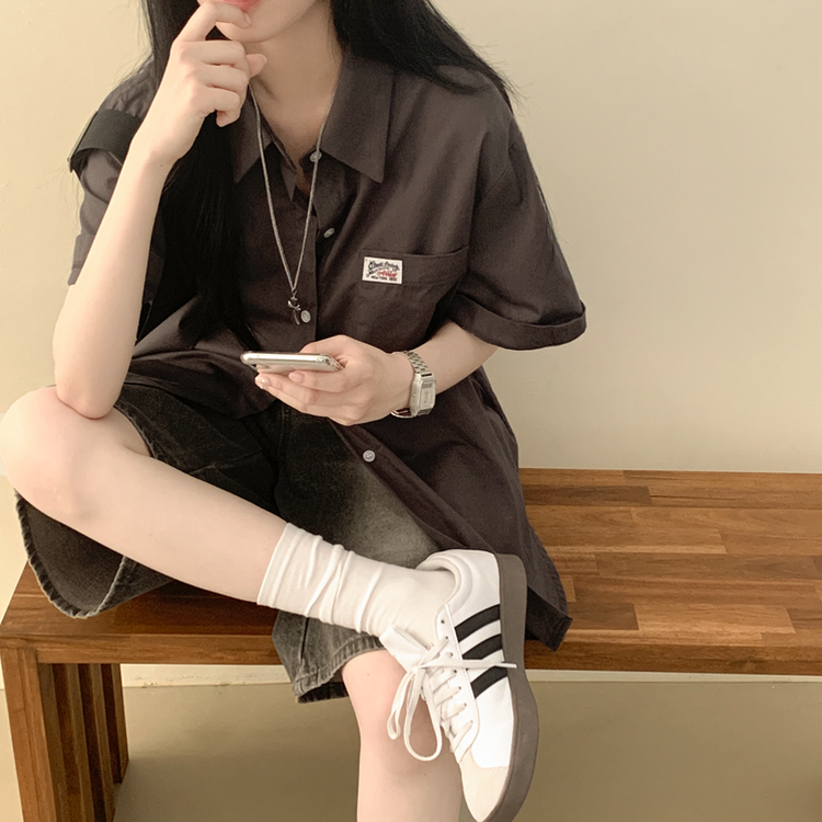 힙무드 포켓 패치 박시핏 코튼 여름 롤업 반팔셔츠 남방 차콜
