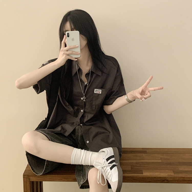 힙무드 포켓 패치 박시핏 코튼 여름 롤업 반팔셔츠 남방 차콜