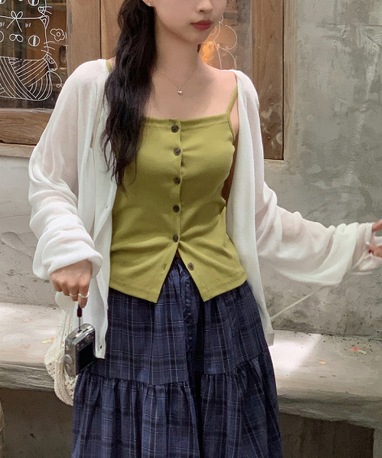 ノースリーブ レイヤードボタントップ OLIVE