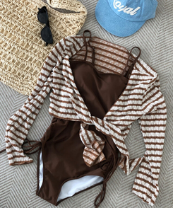 モノキニ 【カップ付き】ボーダーモノキニ(5color) BROWN