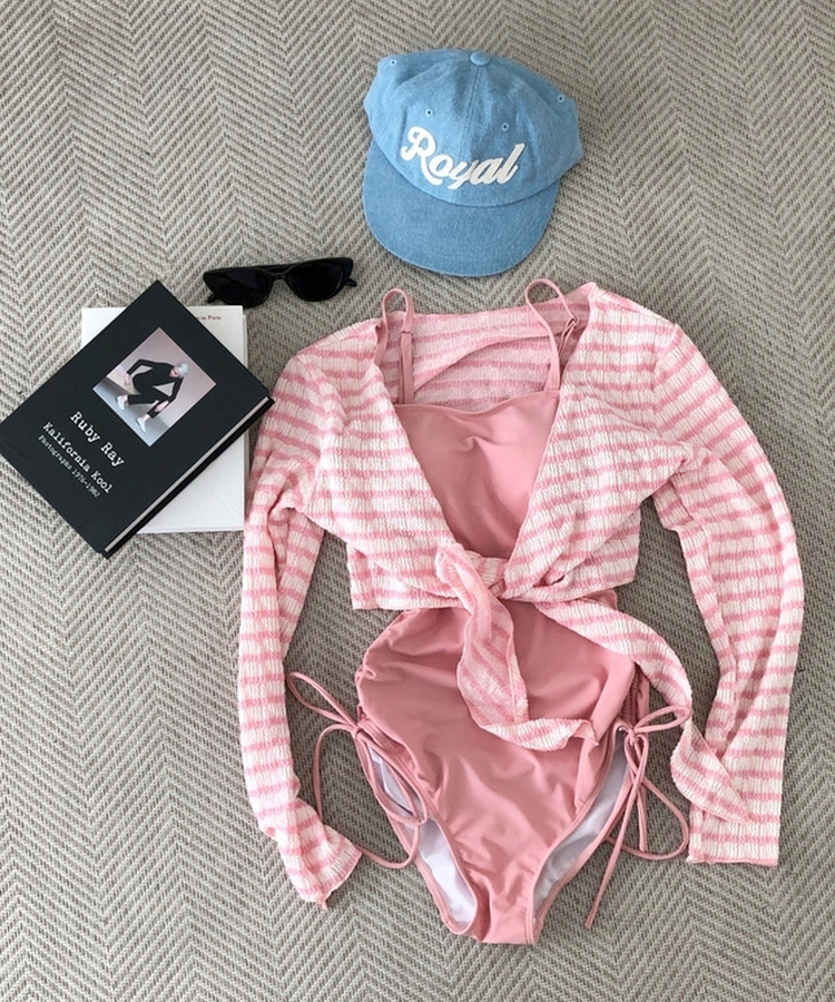 【カップ付き】ボーダーモノキニ(5color) PINK