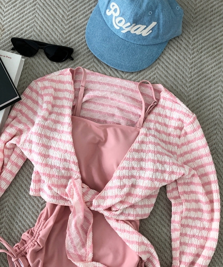 【カップ付き】ボーダーモノキニ(5color) PINK