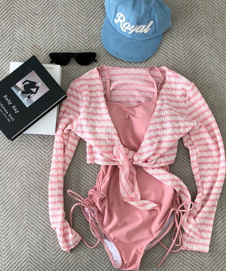 【カップ付き】ボーダーモノキニ(5color) PINK