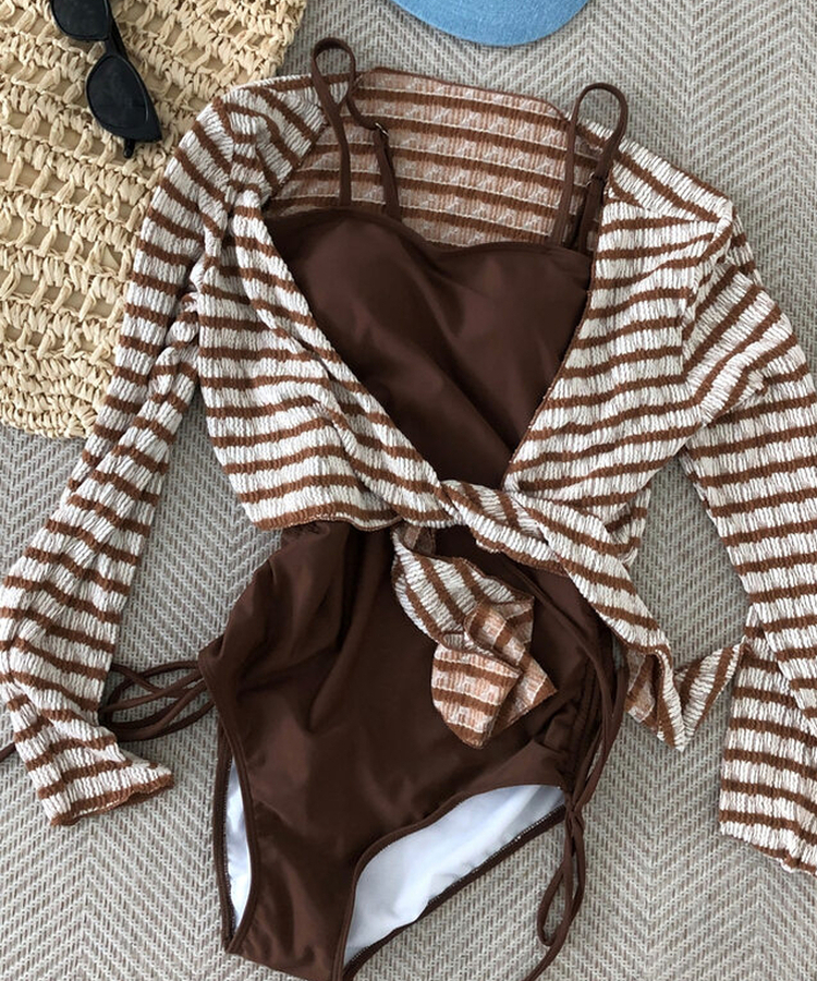 【カップ付き】ボーダーモノキニ(5color) BROWN